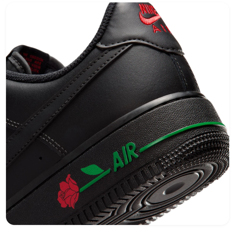 Nike Air Force 1 Black Low-Top Sneakers with Red Rose Detail