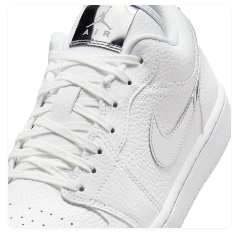 Air Jordan 1 Low White Sneakers with Metallic Silver Accents