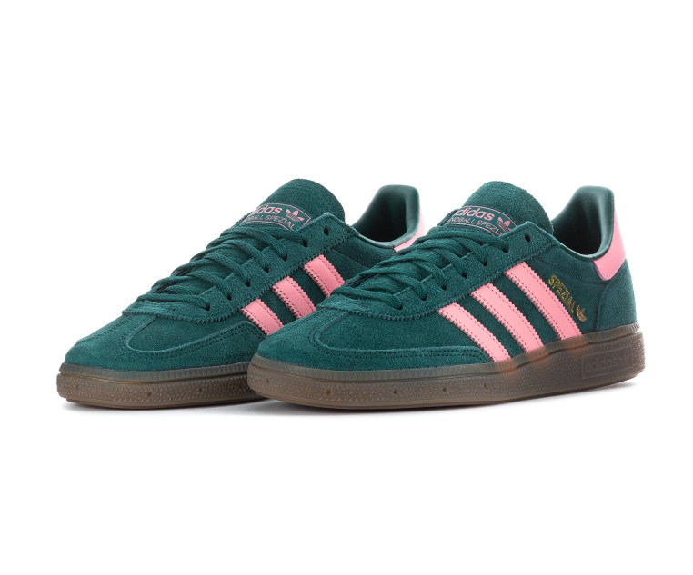 Adidas Handball Spezial Dark Green Sneakers with Pink Stripes and Gum Sole
