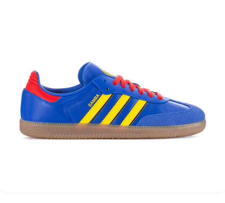Adidas Samba Blue Sneakers with Yellow Stripes, Red Laces and Gum Sole