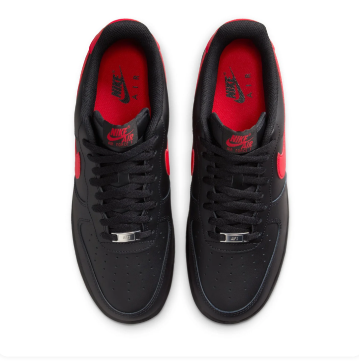 Nike Air Force 1 Black Sneakers with Red Swoosh and Red Outsole