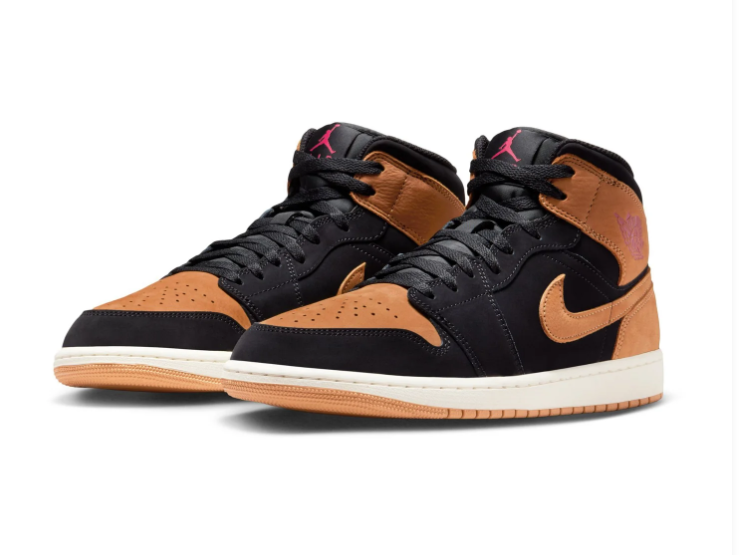 Air Jordan 1 Mid Black and Tan Sneakers with Burgundy Accents