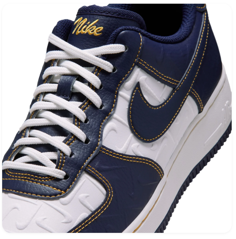 Nike Air Force 1 Navy and White Sneakers with Yellow Contrast Stitching