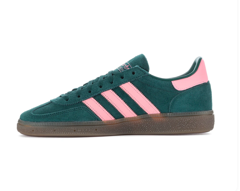 Adidas Handball Spezial Dark Green Sneakers with Pink Stripes and Gum Sole