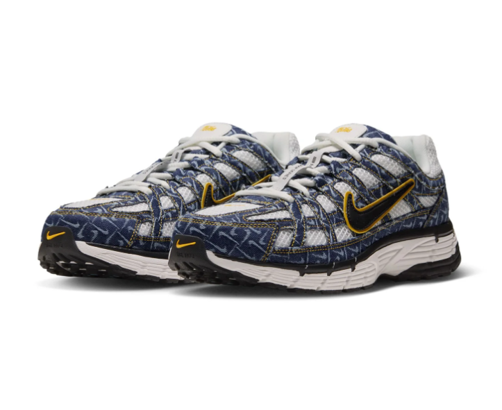Nike Navy Patterned Mesh Sneakers with Yellow-Outlined Black Swoosh