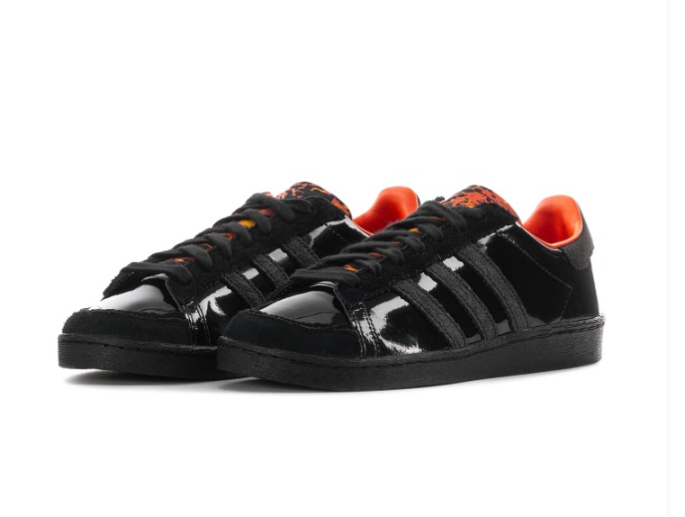 Adidas Black Glossy Low-Top Sneakers with Orange Lining and Graphic Tongue