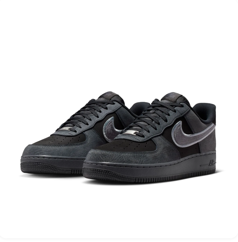 Nike Air Force 1 Black and Charcoal Sneakers with Embroidered Grey Swoosh