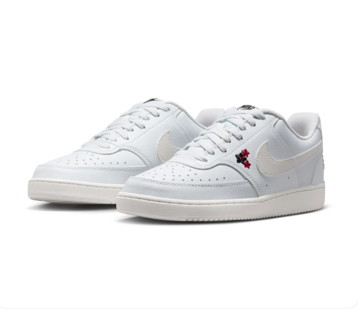Nike White Low-Top Sneakers with Red and Black Floral Embroidery