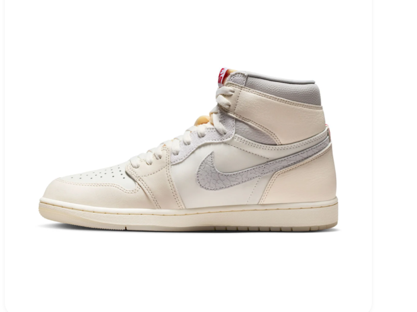 Air Jordan 1 High Cream and Grey Sneakers with Red Accents