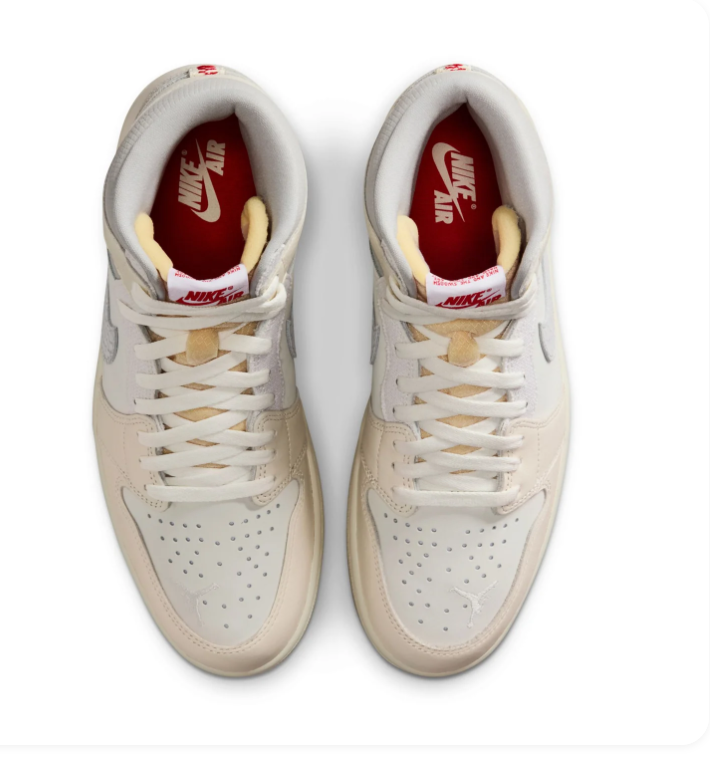 Air Jordan 1 High Cream and Grey Sneakers with Red Accents