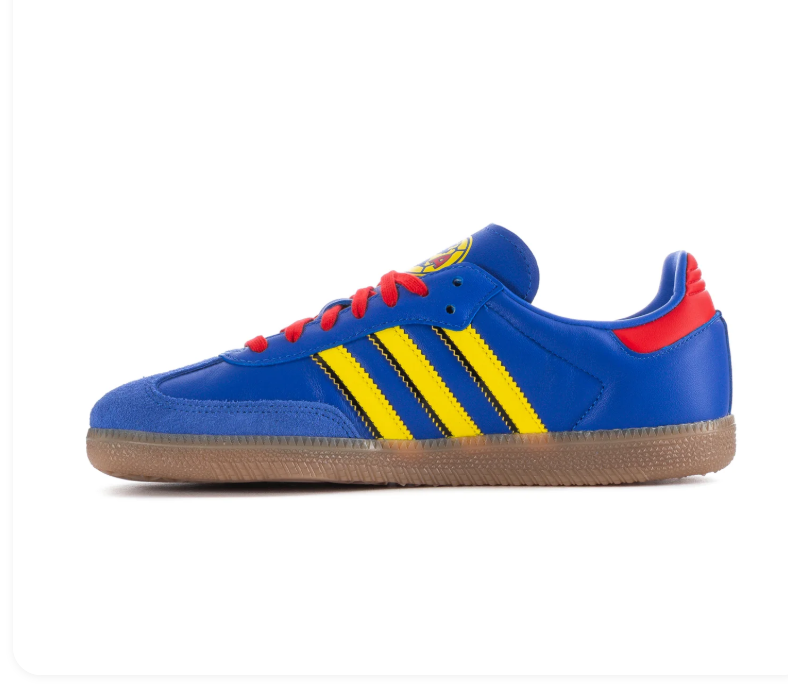 Adidas Samba Blue Sneakers with Yellow Stripes, Red Laces and Gum Sole