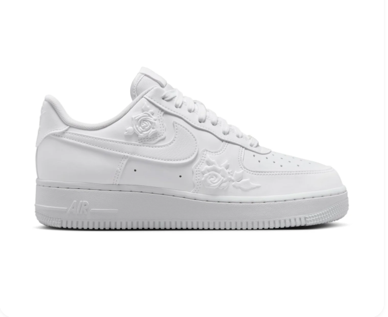 Nike Air Force 1 All-White Sneakers with Raised Rose Details