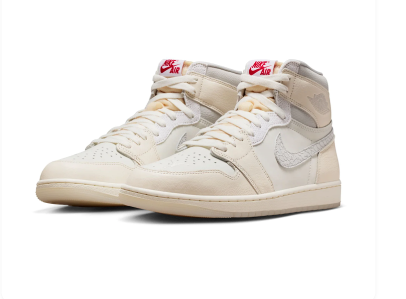 Air Jordan 1 High Cream and Grey Sneakers with Red Accents