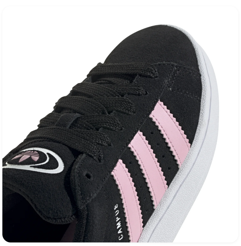 Adidas Campus Black Sneakers with Light Pink Stripes and White Sole