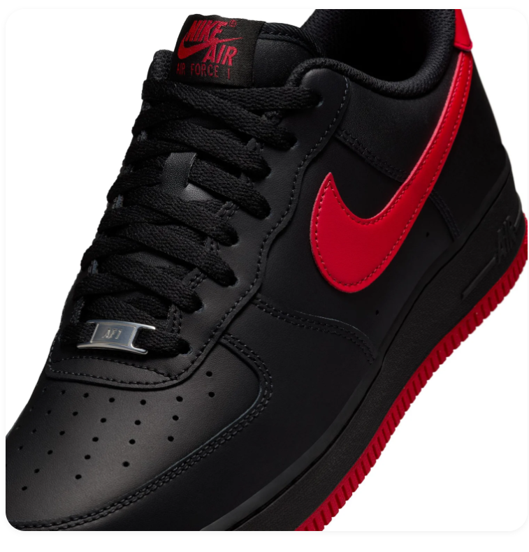 Nike Air Force 1 Black Sneakers with Red Swoosh and Red Outsole