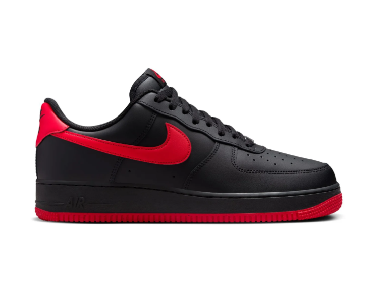 Nike Air Force 1 Black Sneakers with Red Swoosh and Red Outsole
