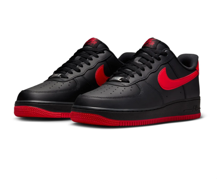 Nike Air Force 1 Black Sneakers with Red Swoosh and Red Outsole