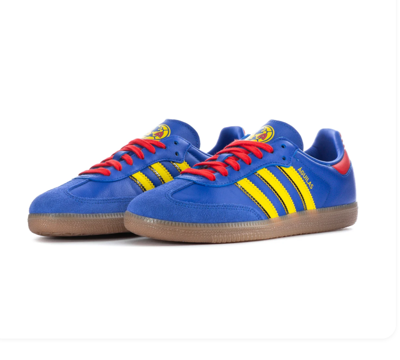 Adidas Samba Blue Sneakers with Yellow Stripes, Red Laces and Gum Sole