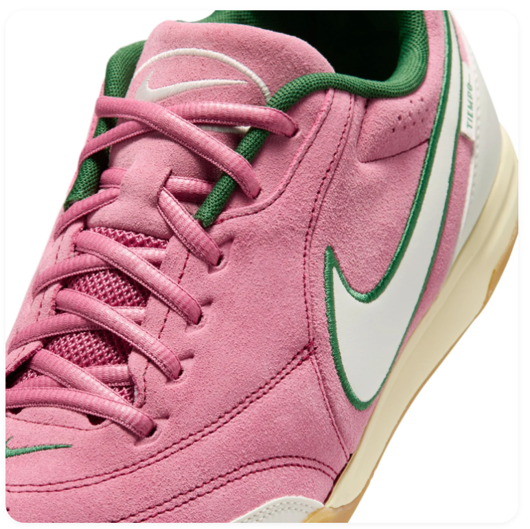 Nike Tiempo Pink Sneakers with Green-Outlined Cream Swoosh and Gum Sole