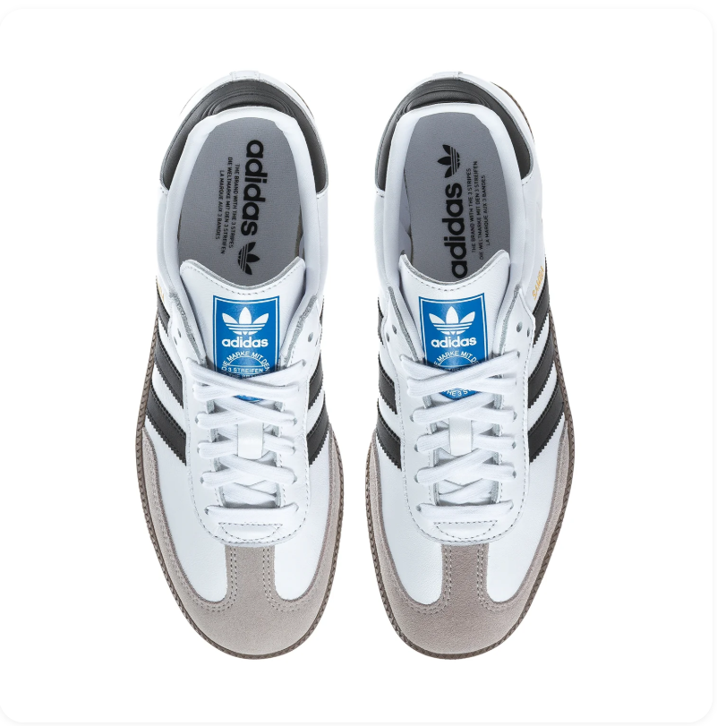 Adidas Samba White Sneakers with Black Stripes and Light Grey T-Toe