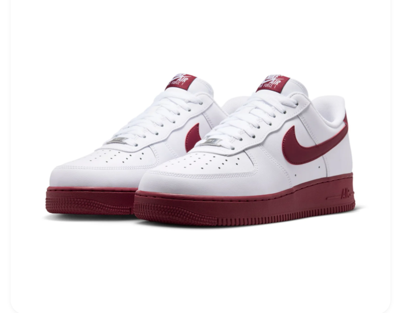 Nike Air Force 1 White Sneakers with Burgundy Swoosh and Sole