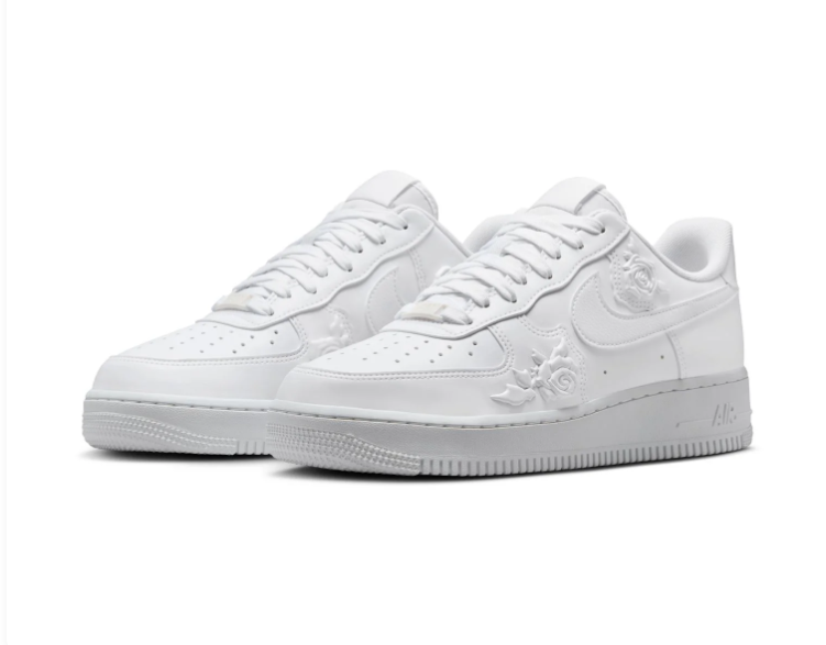 Nike Air Force 1 All-White Sneakers with Raised Rose Details