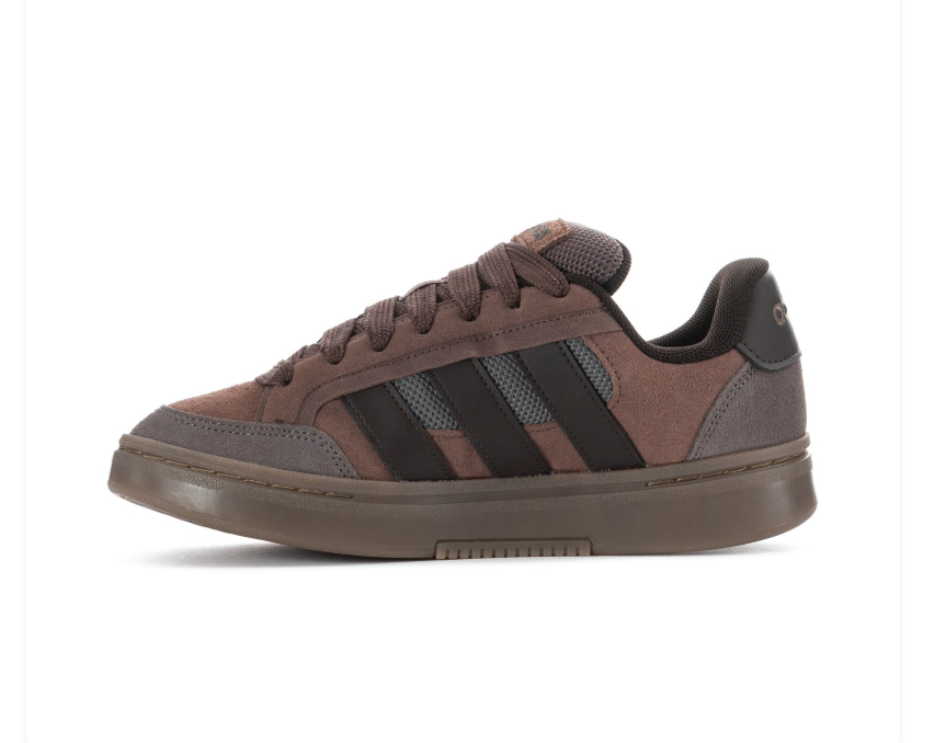 Adidas Brown and Grey Low-Top Sneakers with Dark Stripes and Brown Sole