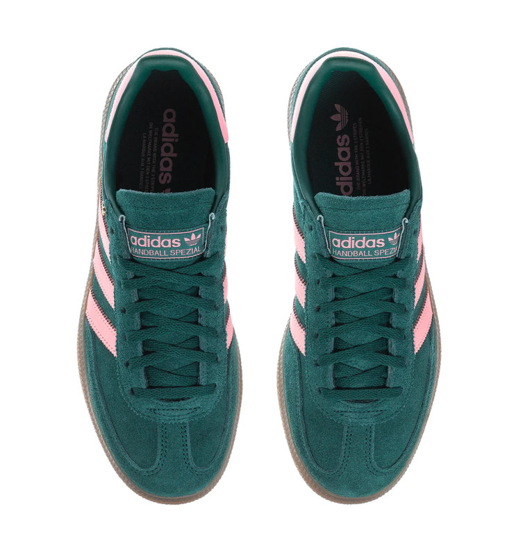 Adidas Handball Spezial Dark Green Sneakers with Pink Stripes and Gum Sole