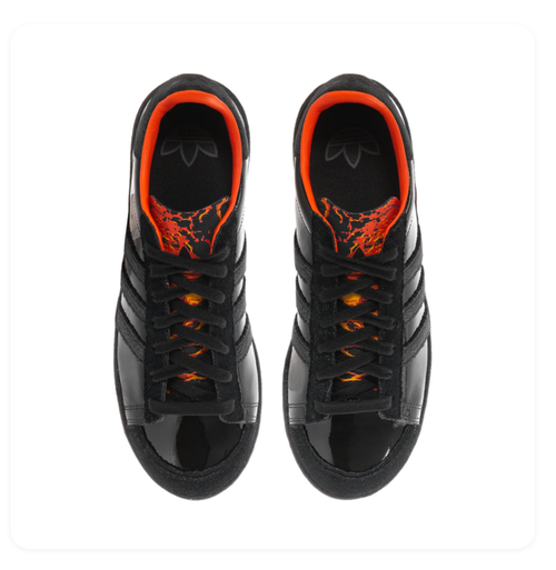 Adidas Black Glossy Low-Top Sneakers with Orange Lining and Graphic Tongue