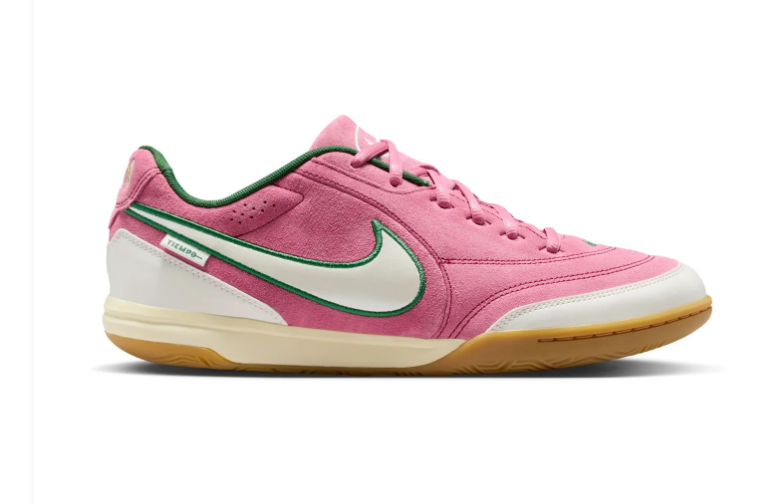 Nike Tiempo Pink Sneakers with Green-Outlined Cream Swoosh and Gum Sole