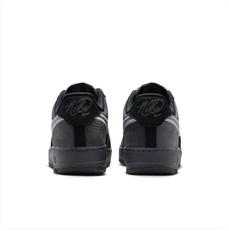 Nike Air Force 1 Black and Charcoal Sneakers with Embroidered Grey Swoosh
