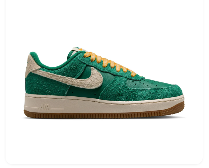 Nike Air Force 1 Green Sneakers with Cream Swoosh and Yellow Laces