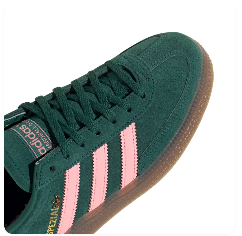 Adidas Handball Spezial Dark Green Sneakers with Pink Stripes and Gum Sole