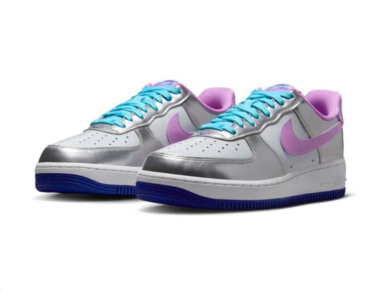 Nike Air Force 1 Silver Sneakers with Lilac Swoosh and Turquoise Laces