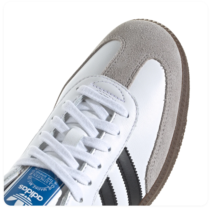 Adidas Samba White Sneakers with Black Stripes and Light Grey T-Toe