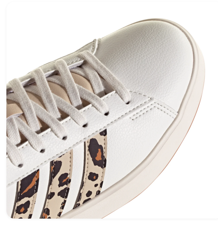 Adidas White Low-Top Sneakers with Leopard-Print Stripes and Gum Outsole