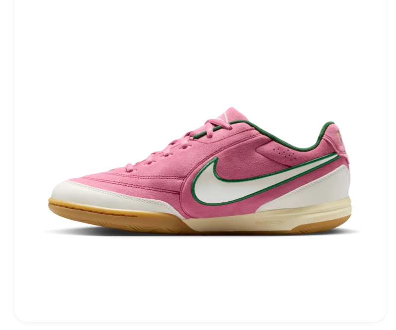 Nike Tiempo Pink Sneakers with Green-Outlined Cream Swoosh and Gum Sole