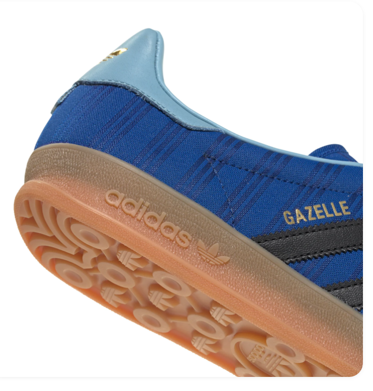 Adidas Gazelle Blue Patterned Sneakers with Black Stripes and Gum Sole