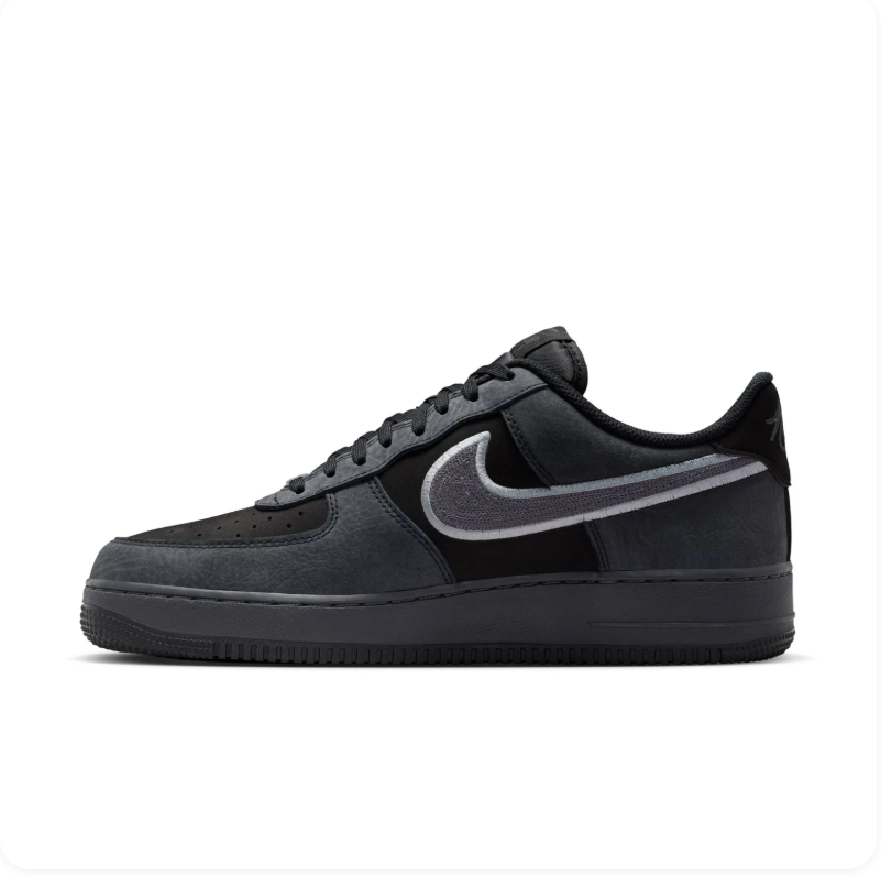 Nike Air Force 1 Black and Charcoal Sneakers with Embroidered Grey Swoosh