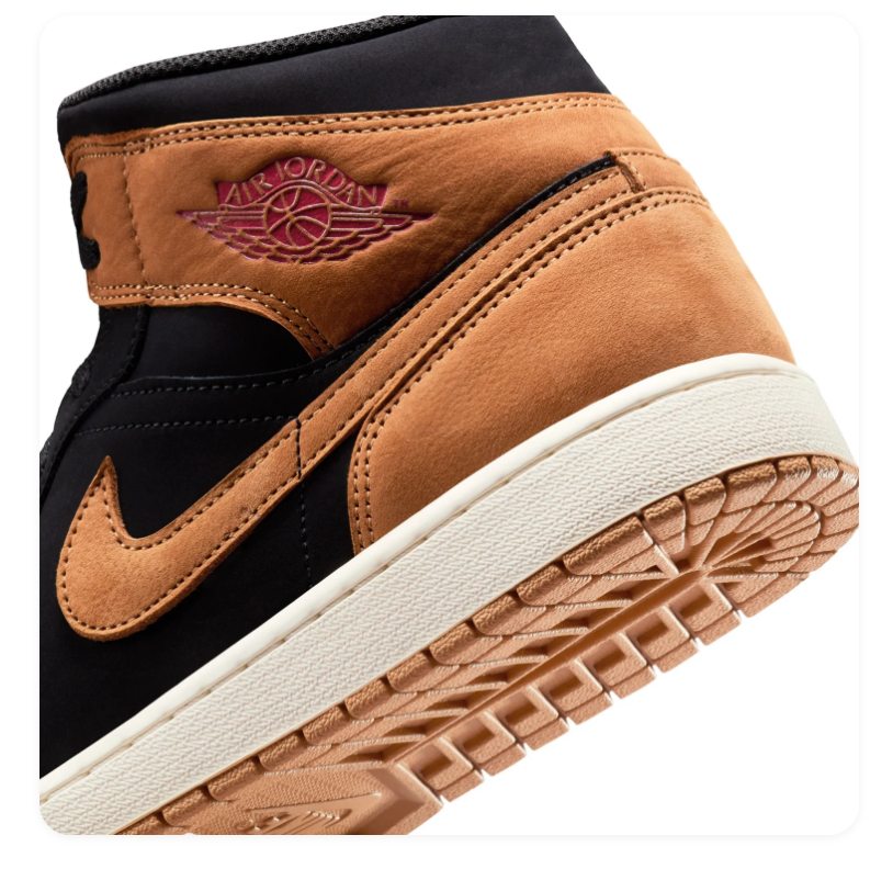 Air Jordan 1 Mid Black and Tan Sneakers with Burgundy Accents