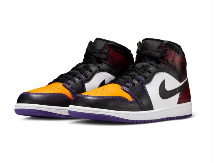 Air Jordan 1 Mid Black and White Sneakers with Gold and Purple Accents