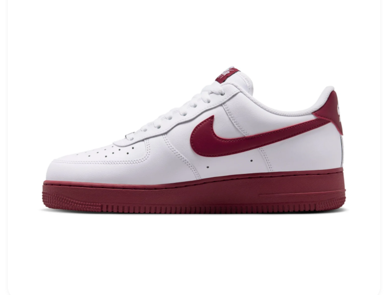 Nike Air Force 1 White Sneakers with Burgundy Swoosh and Sole