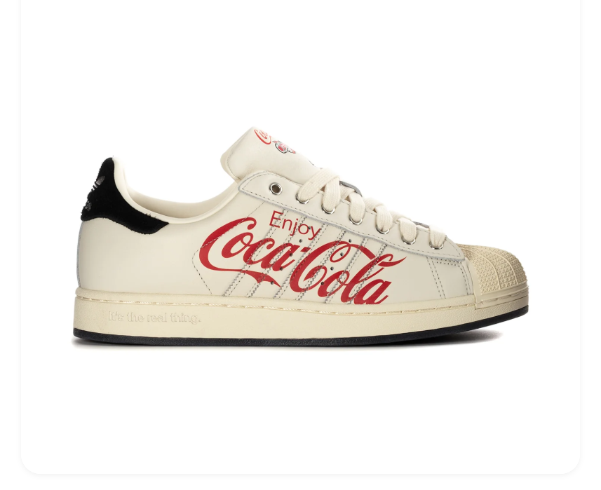 Adidas Superstar Cream Sneakers with Red Coca-Cola Graphics and Black Heel Tabs