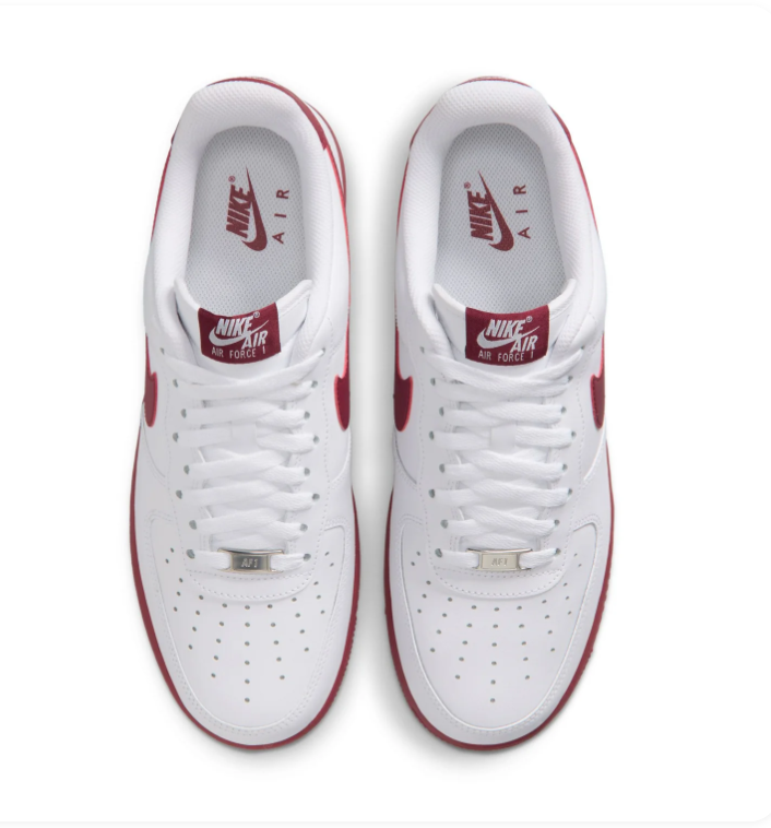 Nike Air Force 1 White Sneakers with Burgundy Swoosh and Sole