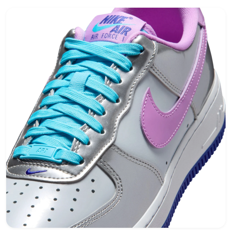 Nike Air Force 1 Silver Sneakers with Lilac Swoosh and Turquoise Laces