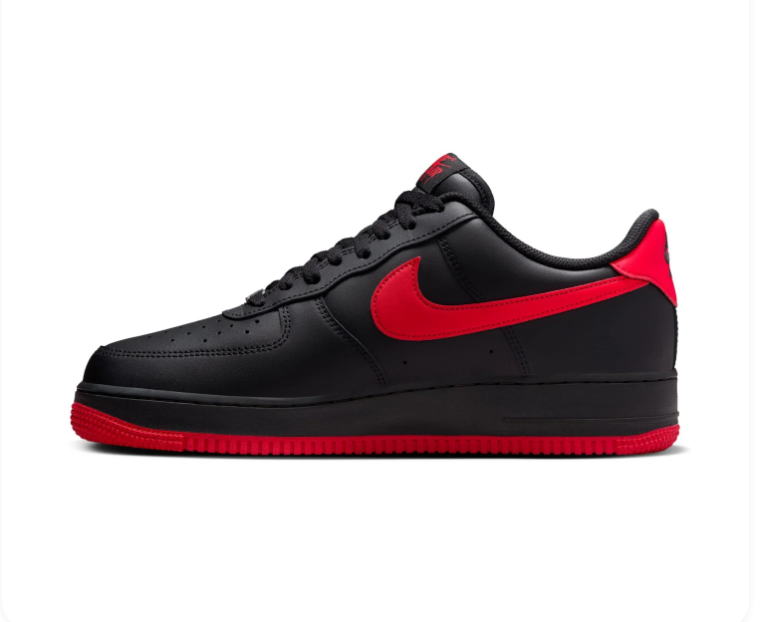Nike Air Force 1 Black Sneakers with Red Swoosh and Red Outsole