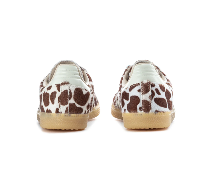 Adidas Brown and Cream Cow-Print Sneakers with Light Blue Laces and Gum Sole