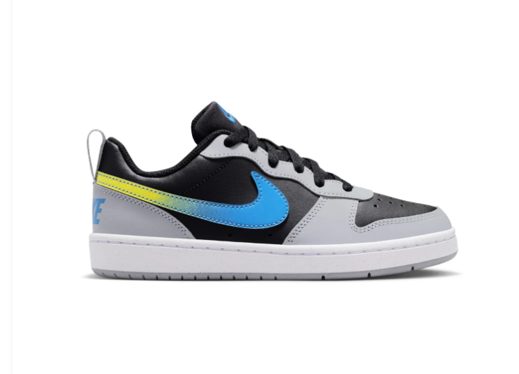 Nike Black and Grey Low-Top Sneakers with Blue-to-Yellow Gradient Swoosh