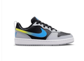 Nike Black and Grey Low-Top Sneakers with Blue-to-Yellow Gradient Swoosh
