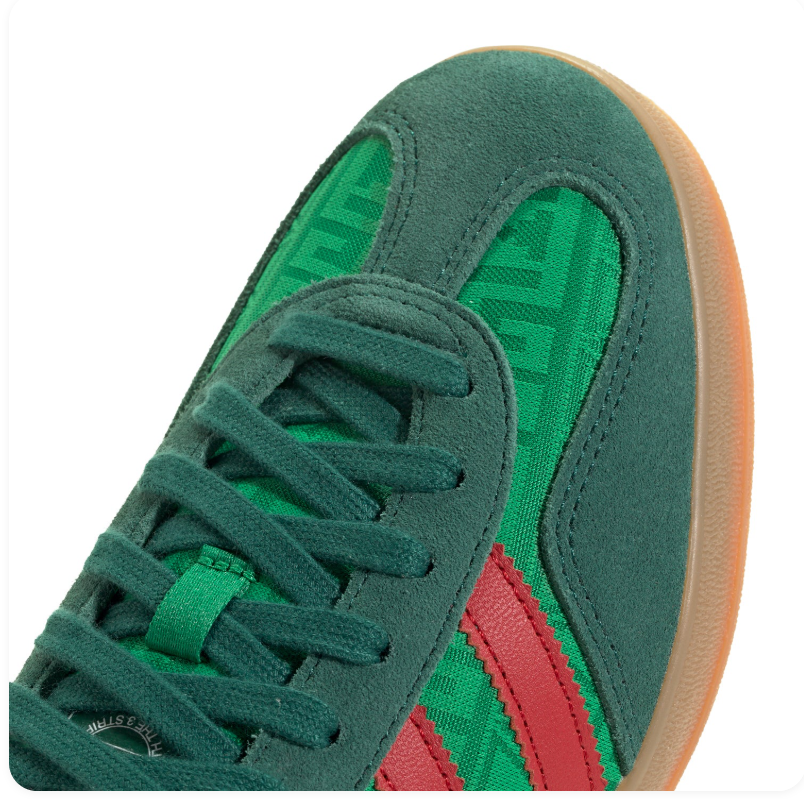 Adidas Green Patterned Sneakers with Red Stripes and Gum Sole